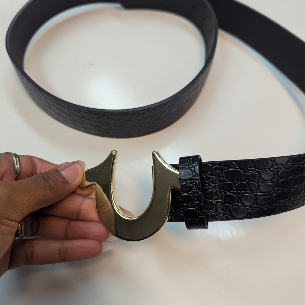 True Religion Black Crocodile Pattern Belt with Gold Logo Buckle